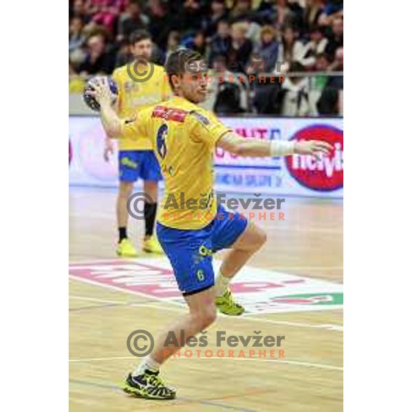  Gasper Marguc of Celje PL in action during handball match Celje PL- Gorenje Velenje in semi-final of Slovenian Cup, played in Golovec Hall, Celje, Slovenia on March 1, 2014