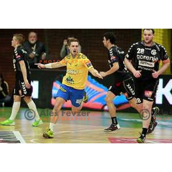  Gasper Marguc of Celje PL in action during handball match Celje PL- Gorenje Velenje in semi-final of Slovenian Cup, played in Golovec Hall, Celje, Slovenia on March 1, 2014