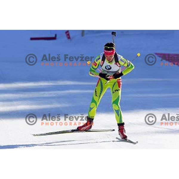 Teja Gregorin of Slovenia during Ladies 7.5 km Sprint race in IBU World Cup Biathlon at Pokljuka, Slovenia on March 6, 2014
