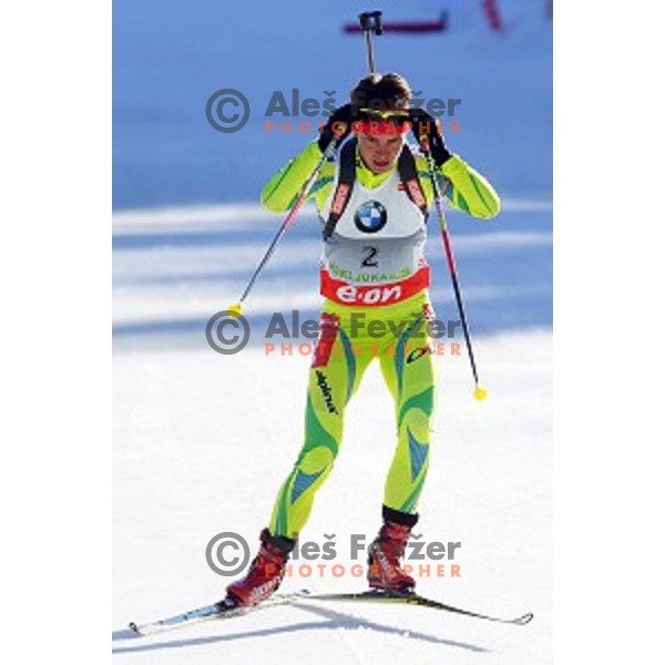Teja Gregorin of Slovenia during Ladies 7.5 km Sprint race in IBU World Cup Biathlon at Pokljuka, Slovenia on March 6, 2014