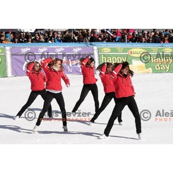 Petrol Ladies dancing team at AUDI FIS Ski World Cup Giant Slalom for 53.Vitranc Cup in Kranjska gora, Slovenia on March 8, 2014