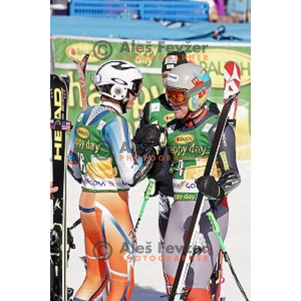 Henrik Kristoffersen of Norway and Ted Ligety of USA, winner of AUDI FIS Ski World Cup Giant Slalom for 53.Vitranc Cup in Kranjska gora, Slovenia on March 8, 2014