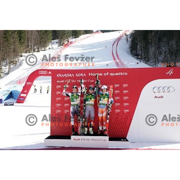 Benjamin Raich (AUT, 2 place), Ted Ligety (USA, winner) Henrik Kristoffersen (NOR, 3 place) at AUDI FIS Ski World Cup Giant Slalom for 53.Vitranc Cup in Kranjska gora, Slovenia on March 8, 2014