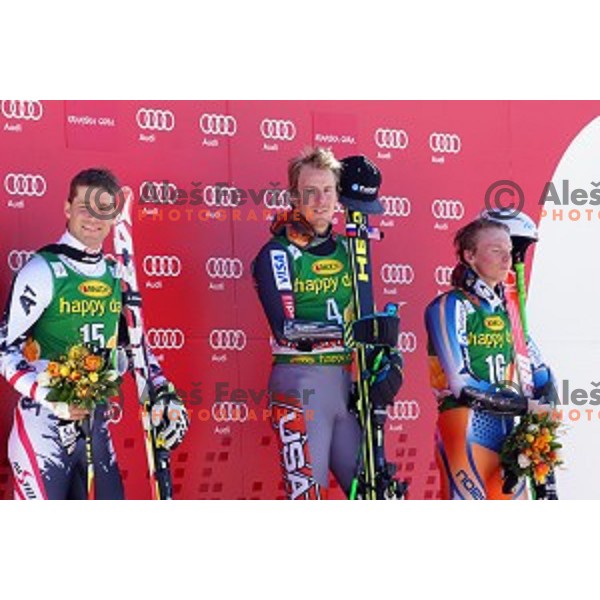 Benjamin Raich (AUT, 2 place), Ted Ligety (USA, winner) Henrik Kristoffersen (NOR, 3 place) at AUDI FIS Ski World Cup Giant Slalom for 53.Vitranc Cup in Kranjska gora, Slovenia on March 8, 2014