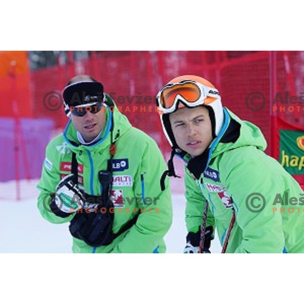 Miha Verdnik and Andraz Reich-Pogladic Course inspection before first run of AUDI FIS Ski World Cup Giant Slalom for 53.Vitranc Cup in Kranjska gora, Slovenia on March 8, 2014