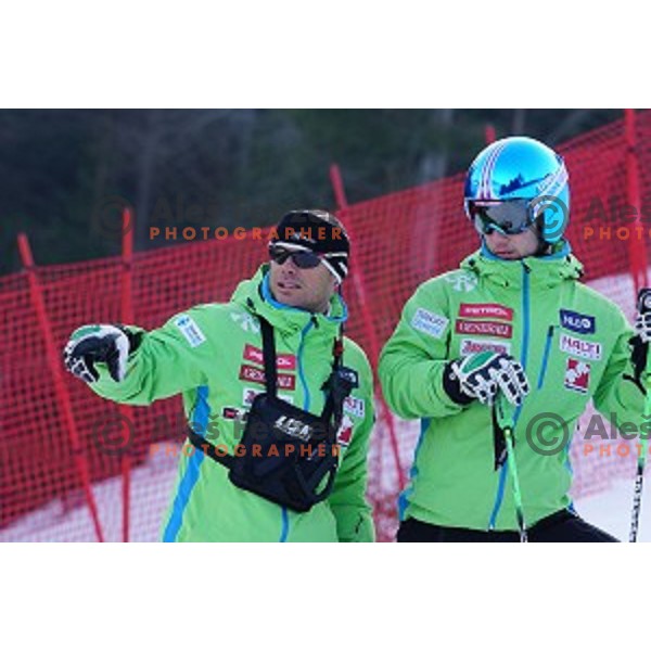 Miha Verdnik and Martin Cater of Slovenia at Course inspection before first run of AUDI FIS Ski World Cup Giant Slalom for 53.Vitranc Cup in Kranjska gora, Slovenia on March 8, 2014
