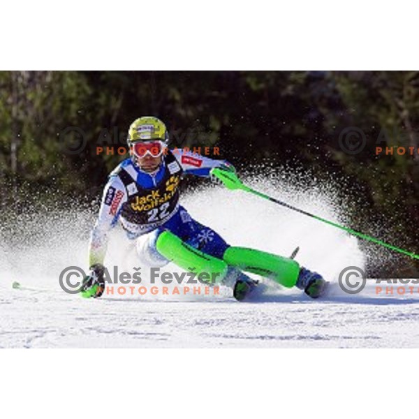 Mitja Valencic (SLO)skiing in first run of AUDI FIS World Cup Slalom for 53.Vitranc Cup in Kranjska gora, Slovenia on March 9, 2014