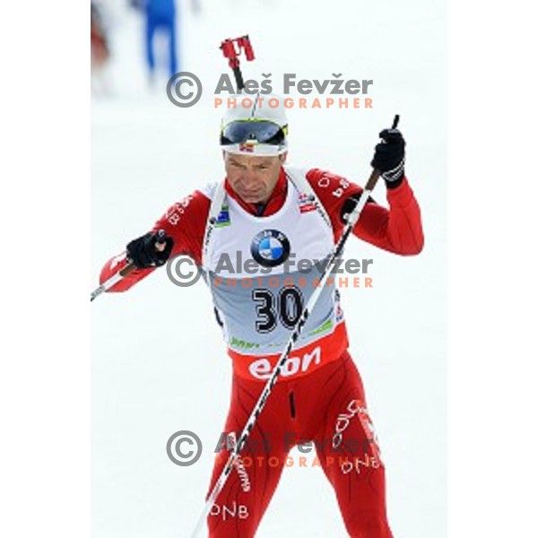Ole Einar Bjoerndalen (NOR) competing in Men\'s 10 km Sprint race in IBU World Cup Biathlon at Pokljuka, Slovenia on March 6, 2014