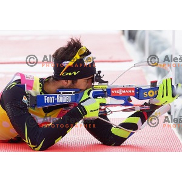 Martin Fourcade (FRA) competing in Men\'s 10 km Sprint race in IBU World Cup Biathlon at Pokljuka, Slovenia on March 6, 2014