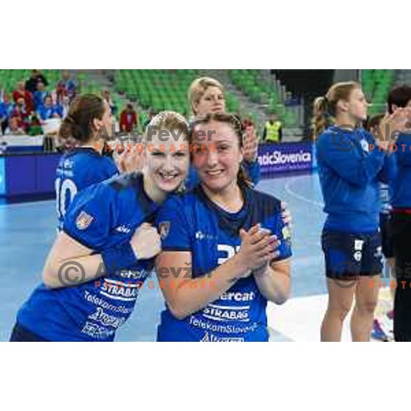 Tamara Mavsar and Katarina Krpez of RK Krim Mercator during handball match between RK Krim Mercator and Buducnost in EHF Women’s Champions Leauge 2013/1014 played in Stozice Hall, Ljubljana, Slovenia on March 15, 2014
