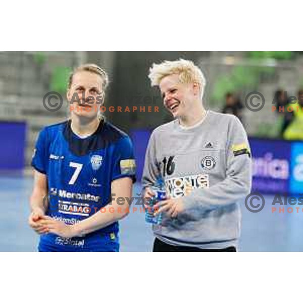 Nina Christin Worz of RK Krim Mercator and Clara Woltering during handball match between RK Krim Mercator and Buducnost in EHF Women’s Champions Leauge 2013/1014 played in Stozice Hall, Ljubljana, Slovenia on March 15, 2014