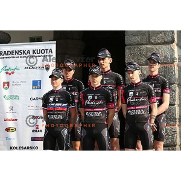 Members of Radenska Kuota Continental Cycling team at presentation in front to Town Hall, Ljubljana, Slovenia on March 18, 2014