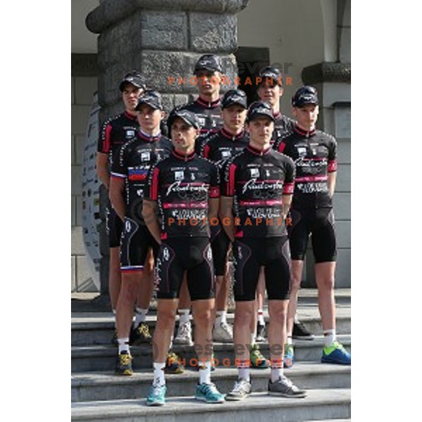 Members of Radenska Kuota Continental Cycling team at presentation in front to Town Hall, Ljubljana, Slovenia on March 18, 2014
