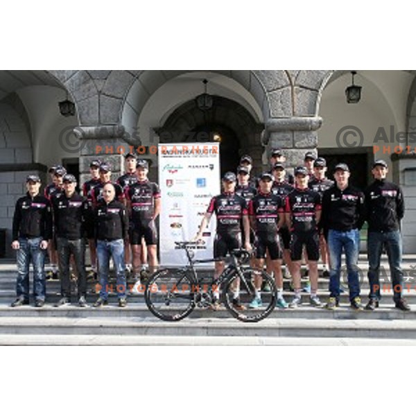 Members of Radenska Kuota Continental Cycling team at presentation in front to Town Hall, Ljubljana, Slovenia on March 18, 2014