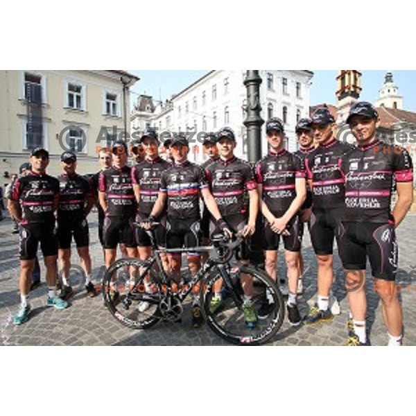 Members of Radenska Kuota Continental Cycling team at presentation in front to Town Hall, Ljubljana, Slovenia on March 18, 2014