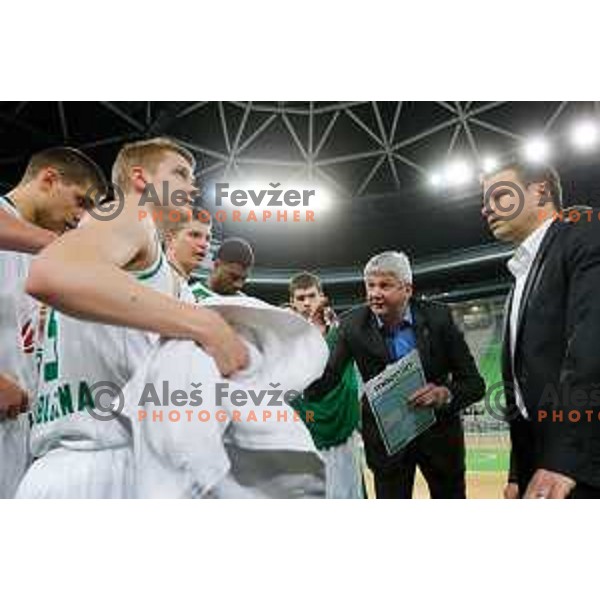 Team of Union Olimpija in action during basketball match between Union Olimpija and Rogaska of Telemach Leauge, played in Arena Stozice, Ljubljana, Slovenia on March 19, 2014
