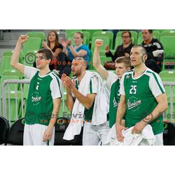 Team of Union Olimpija in action during basketball match between Union Olimpija and Rogaska of Telemach Leauge, played in Arena Stozice, Ljubljana, Slovenia on March 19, 2014