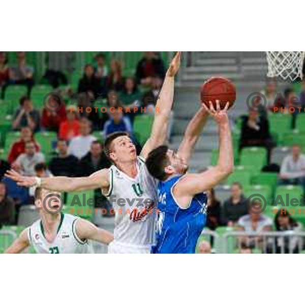 Dino Muric of Union Olimpija and Milivoje Mijovic of Rogaska in action during basketball match between Union Olimpija and Rogaska of Telemach Leauge, played in Arena Stozice, Ljubljana, Slovenia on March 19, 2014