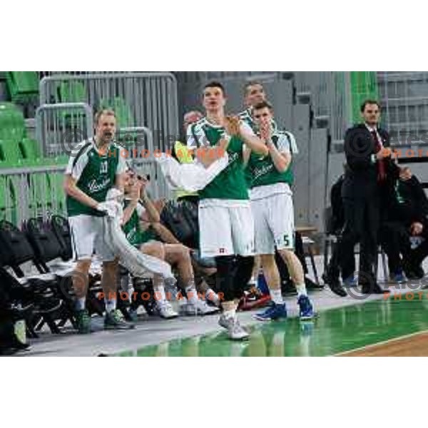 Team of Union Olimpija in action during basketball match between Union Olimpija and Rogaska of Telemach Leauge, played in Arena Stozice, Ljubljana, Slovenia on March 19, 2014