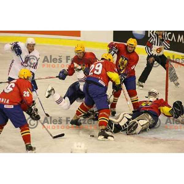 Action at match Slovenia- Romania at World Championship Division 1 group B in Ljubljana.Photo by Ales Fevzer 