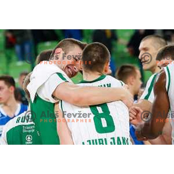 Alen Omic and Jaka Brodnik of Union Olimpija in action during basketball match between Union Olimpija and Rogaska of Telemach Leauge, played in Arena Stozice, Ljubljana, Slovenia on March 19, 2014