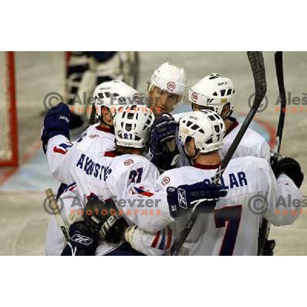 Slovenia players celebrate goal at match Slovenia- Romania at World Championship Division 1 group B in Ljubljana.Photo by Ales Fevzer 