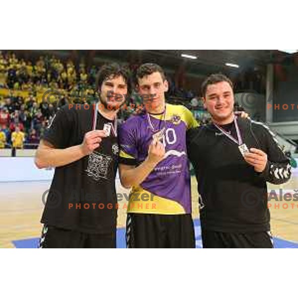 Players of SVIS after handball match Celje Pivovarna Lasko- Svis Ivancna gorica in the Final of Slovenian Cup, played in Golovec Hall, Celje, Slovenia on March 2, 2014