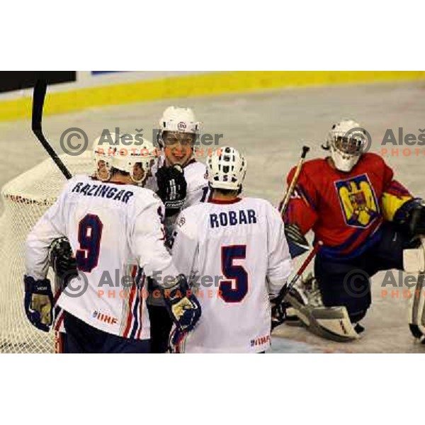 Razingar, Kopitar and Robar celebrate goal at match Slovenia- Romania at World Championship Division 1 group B in Ljubljana.Photo by Ales Fevzer 