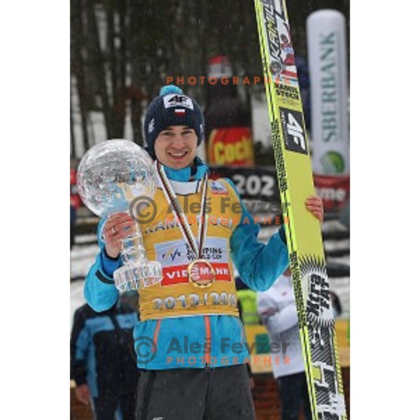 Kamil Stoch of Poland, overall World Cup winner of 2013/2014 season after Large Hill Ski jumping event in Planica, Slovenia on March 23,2014