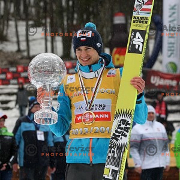 Kamil Stoch of Poland, overall World Cup winner of 2013/2014 season after Large Hill Ski jumping event in Planica, Slovenia on March 23,2014