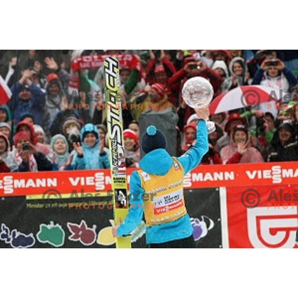 Kamil Stoch of Poland, overall World Cup winner of 2013/2014 season after Large Hill Ski jumping event in Planica, Slovenia on March 23,2014
