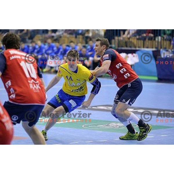 Sebastjan Skube of Celje PL in action during handball match Celje Pivovarna Lasko-Flensburg in eight-final of EHF Men\'s Champions league, played in Zlatorog Arena, Celje, Slovenia on March 23, 2014