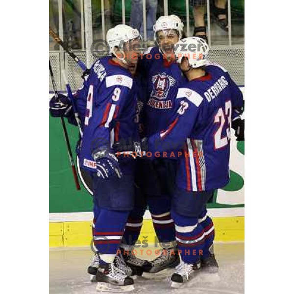 Razingar, Kopitar and Dervaric celebrate first goal for Slovenia at match Slovenia- Hungary at World Championship Division 1 group B in Ljubljana.Photo by Ales Fevzer 