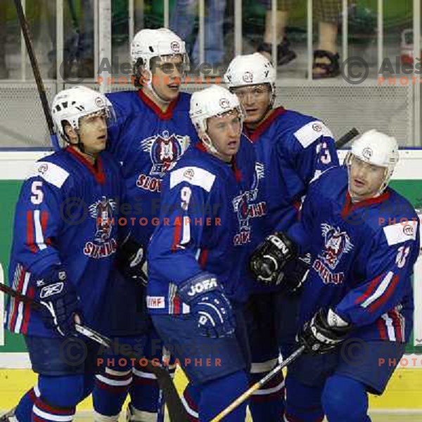 Robar, Kopitar, Razingar,Dervaric and Jan celebrate goal at match Slovenia- Hungary at World Championship Division 1 group B in Ljubljana.Photo by Ales Fevzer 