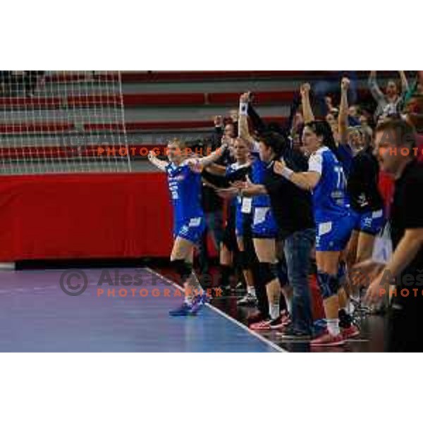 Team of Slovenia celebrate during handball match between Slovenia and Switzerland in qualification for EHF Euro Hungary - Croatia 2014 played in Kodeljevo Hall, Ljubljana, Slovenia on March 30, 2014