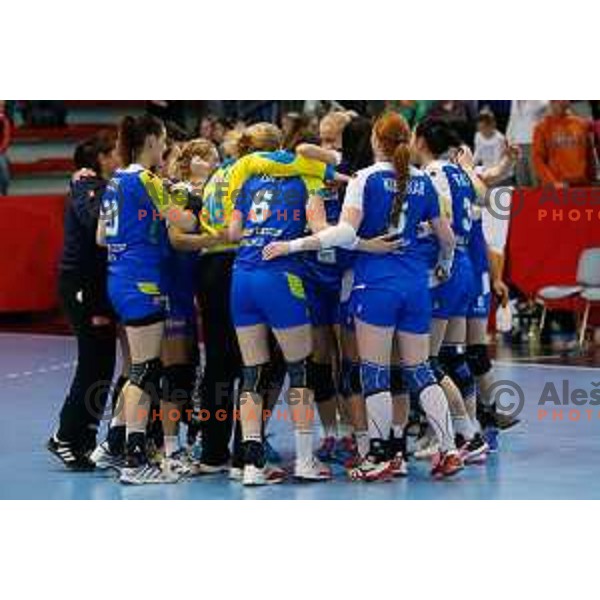 Team of Slovenia celebrate during handball match between Slovenia and Switzerland in qualification for EHF Euro Hungary - Croatia 2014 played in Kodeljevo Hall, Ljubljana, Slovenia on March 30, 2014
