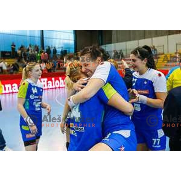 Team of Slovenia celebrate during handball match between Slovenia and Switzerland in qualification for EHF Euro Hungary - Croatia 2014 played in Kodeljevo Hall, Ljubljana, Slovenia on March 30, 2014