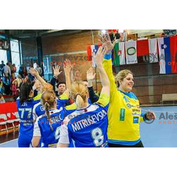 Team of Slovenia celebrate during handball match between Slovenia and Switzerland in qualification for EHF Euro Hungary - Croatia 2014 played in Kodeljevo Hall, Ljubljana, Slovenia on March 30, 2014