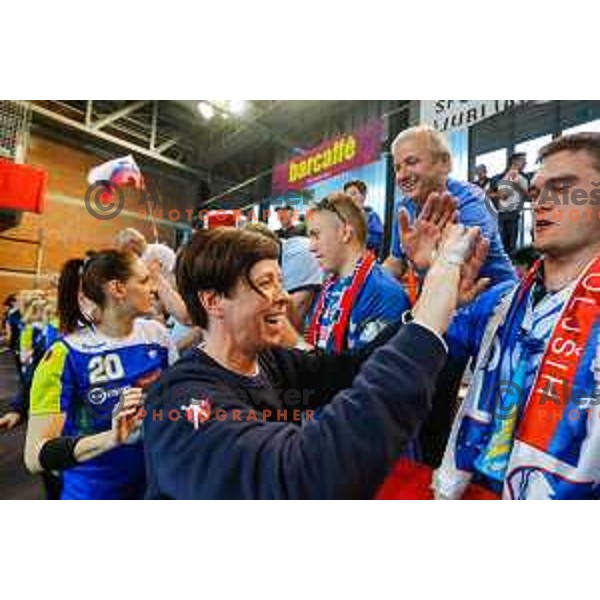 Team of Slovenia celebrate during handball match between Slovenia and Switzerland in qualification for EHF Euro Hungary - Croatia 2014 played in Kodeljevo Hall, Ljubljana, Slovenia on March 30, 2014