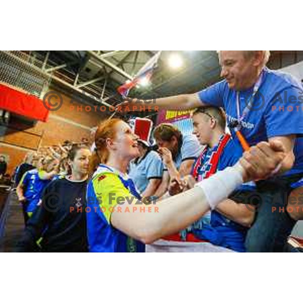Team of Slovenia celebrate during handball match between Slovenia and Switzerland in qualification for EHF Euro Hungary - Croatia 2014 played in Kodeljevo Hall, Ljubljana, Slovenia on March 30, 2014