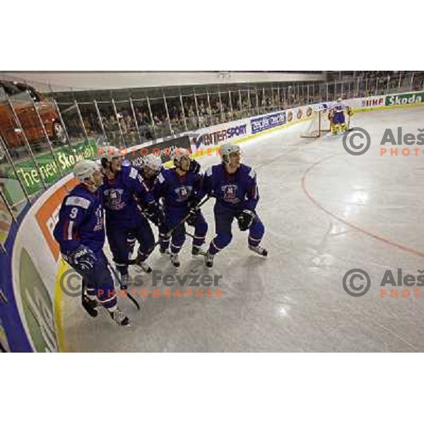 Celebration of first goal at match Slovenia- Great Britain at World Championship Division 1 group B in Ljubljana.Photo by Ales Fevzer 