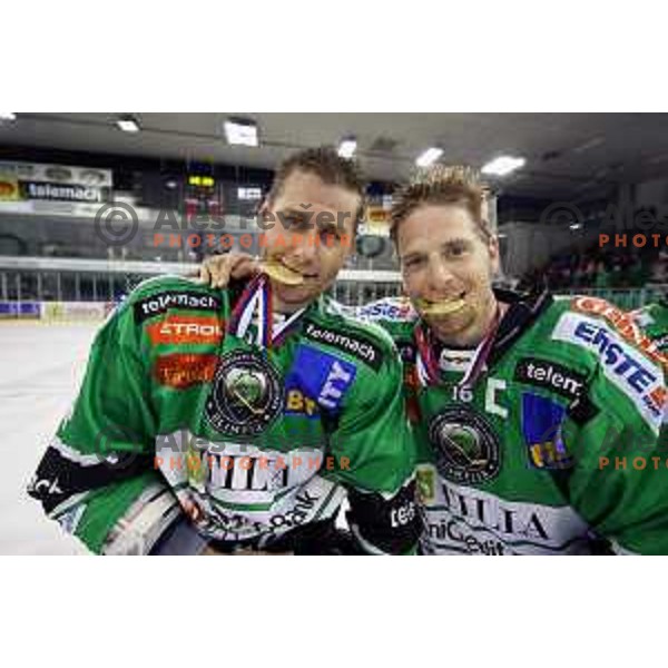 Players of Telemach Olimpija celebrate Slovenian National Title after beating team Jesenice 2:0 in Final series. Hala Tivoli, Ljubljana, Slovenia, April 3, 2014