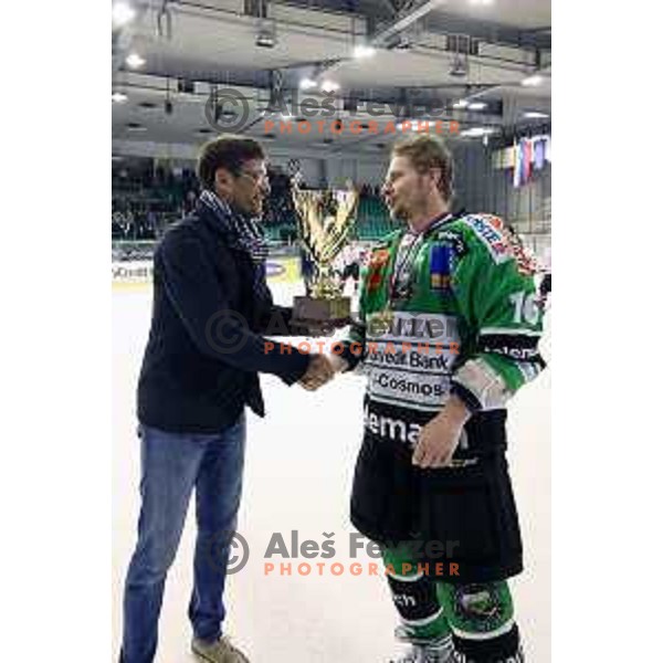 Players of Telemach Olimpija celebrate Slovenian National Title after beating team Jesenice 2:0 in Final series. Hala Tivoli, Ljubljana, Slovenia, April 3, 2014
