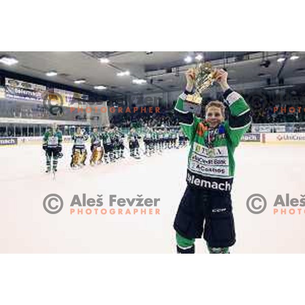 Players of Telemach Olimpija celebrate Slovenian National Title after beating team Jesenice 2:0 in Final series. Hala Tivoli, Ljubljana, Slovenia, April 3, 2014