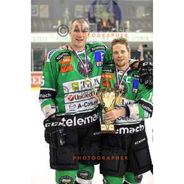 Players of Telemach Olimpija celebrate Slovenian National Title after beating team Jesenice 2:0 in Final series. Hala Tivoli, Ljubljana, Slovenia, April 3, 2014