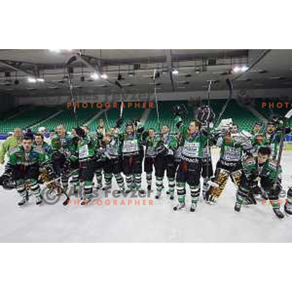 Players of Telemach Olimpija celebrate Slovenian National Title after beating team Jesenice 2:0 in Final series. Hala Tivoli, Ljubljana, Slovenia, April 3, 2014