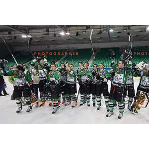 Players of Telemach Olimpija celebrate Slovenian National Title after beating team Jesenice 2:0 in Final series. Hala Tivoli, Ljubljana, Slovenia, April 3, 2014