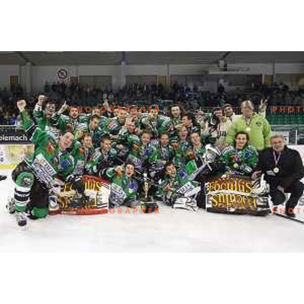 Players of Telemach Olimpija celebrate Slovenian National Title after beating team Jesenice 2:0 in Final series. Hala Tivoli, Ljubljana, Slovenia, April 3, 2014