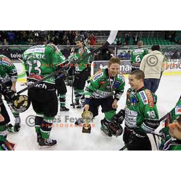 Players of Telemach Olimpija celebrate Slovenian National Title after beating team Jesenice 2:0 in Final series. Hala Tivoli, Ljubljana, Slovenia, April 3, 2014