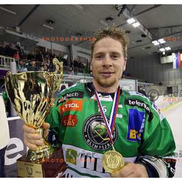 Players of Telemach Olimpija celebrate Slovenian National Title after beating team Jesenice 2:0 in Final series. Hala Tivoli, Ljubljana, Slovenia, April 3, 2014